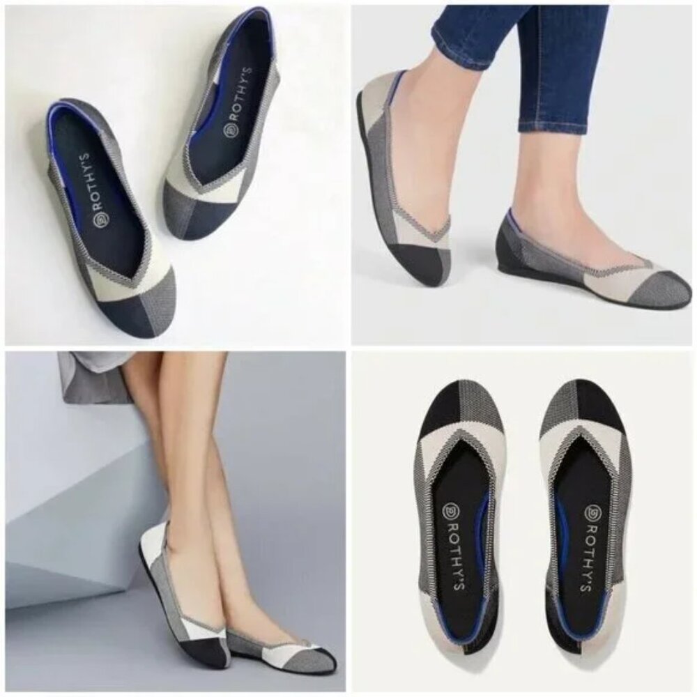 ROTHY'S THE FLAT ROUND CAP TOE BLACK/IVORY BUFFALO PLAID BALLET FLATS SHOES 6.5